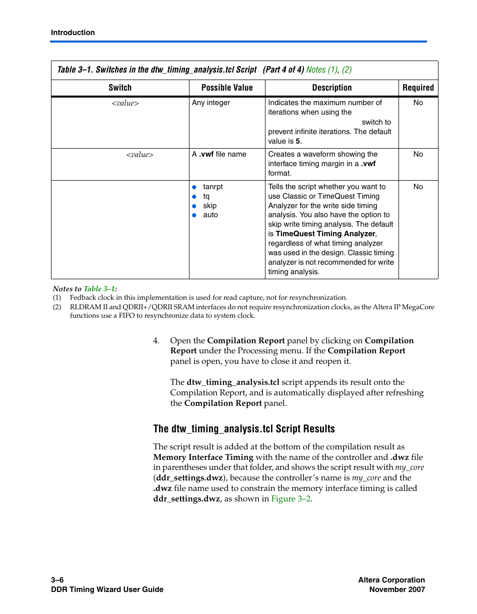 The dtw_timing_analysis.tcl script results, Notes (1) | Altera DDR Timing Wizard User Manual | Page 66 / 92