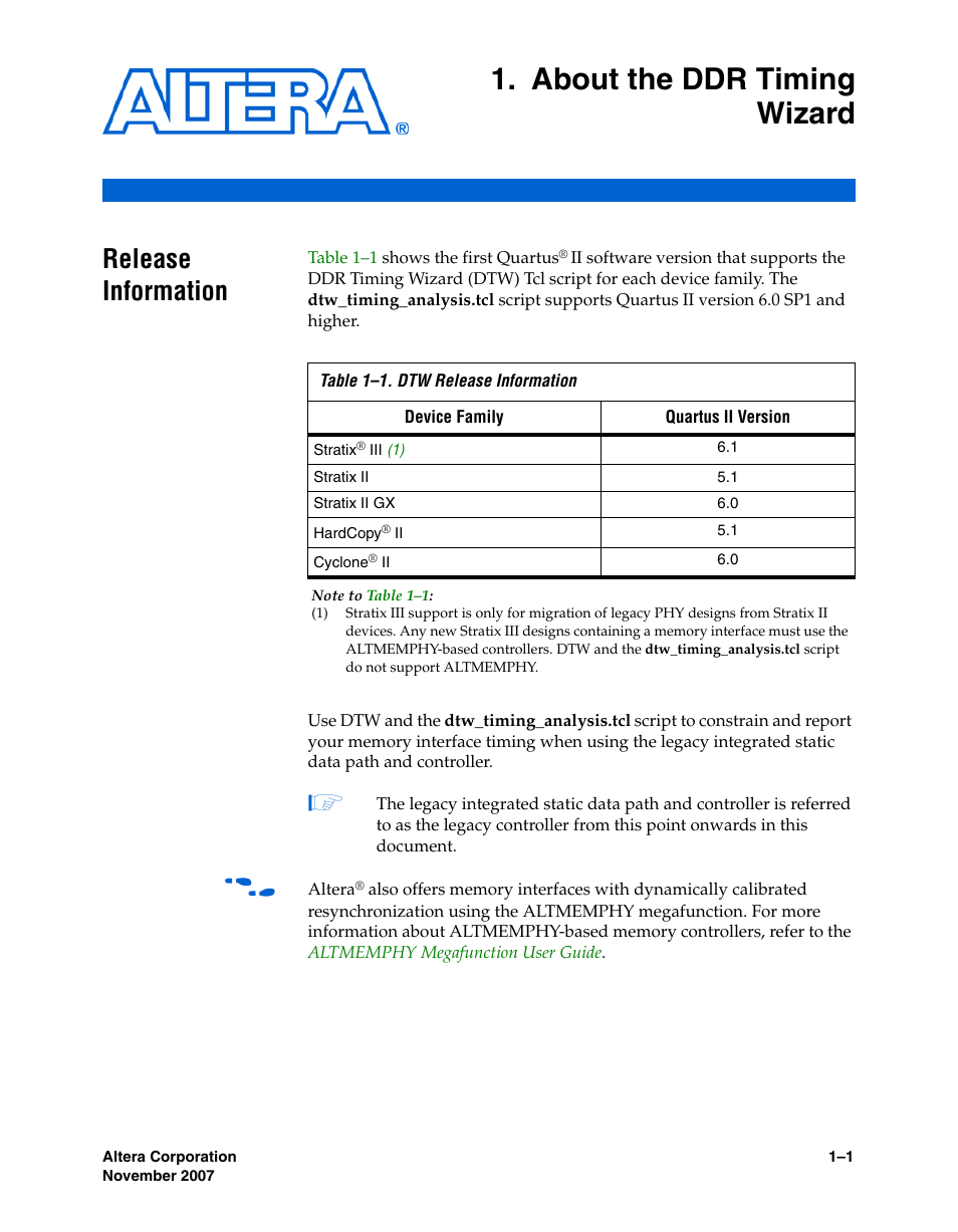 About the ddr timing wizard, Release information, Chapter 1. about the ddr timing wizard | Release information –1 | Altera DDR Timing Wizard User Manual | Page 7 / 92