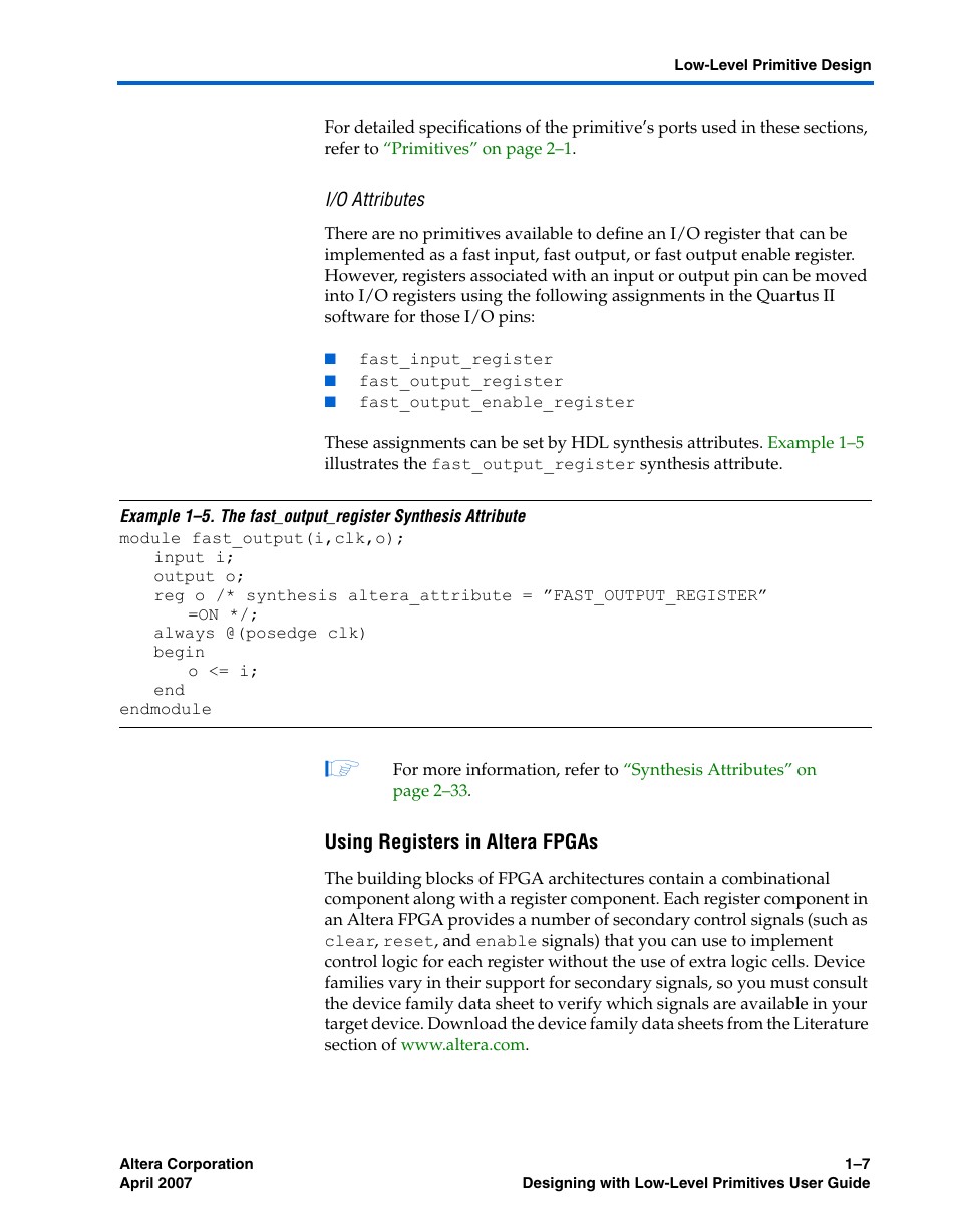 I/o attributes, Using registers in altera fpgas | Altera Designing With Low-Level Primitives User Manual | Page 13 / 56