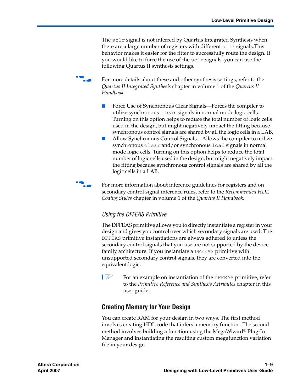 Using the dffeas primitive, Creating memory for your design | Altera Designing With Low-Level Primitives User Manual | Page 15 / 56