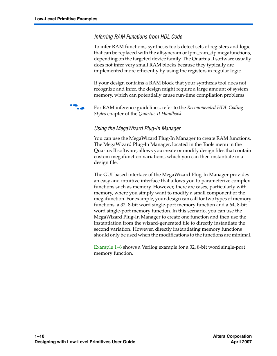 Inferring ram functions from hdl code, Using the megawizard plug-in manager | Altera Designing With Low-Level Primitives User Manual | Page 16 / 56