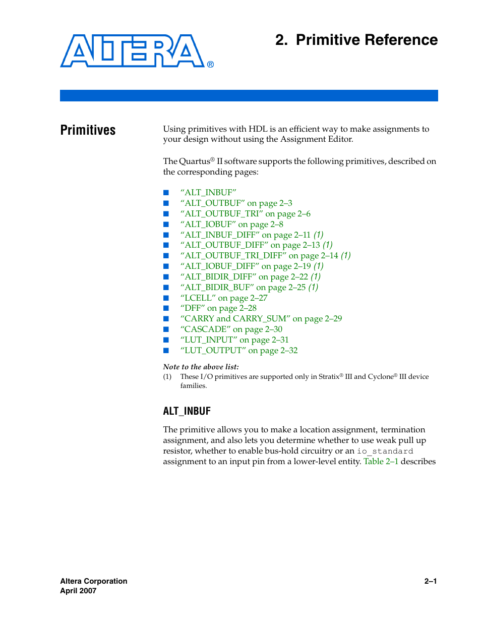 Primitive reference, Primitives, Alt_inbuf | Chapter 2. primitive reference, Primitives –1, Fer to | Altera Designing With Low-Level Primitives User Manual | Page 23 / 56