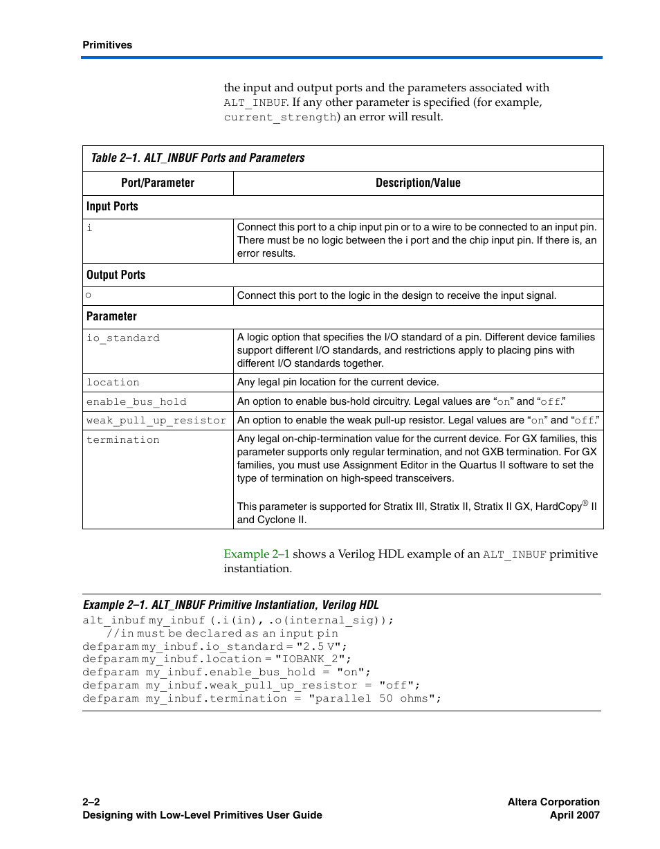 Table 2–1 | Altera Designing With Low-Level Primitives User Manual | Page 24 / 56