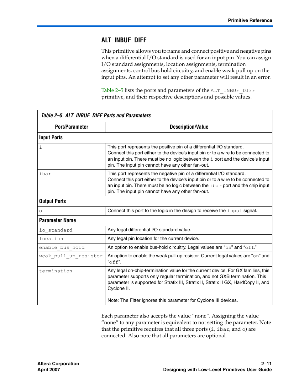 Alt_inbuf_diff | Altera Designing With Low-Level Primitives User Manual | Page 33 / 56