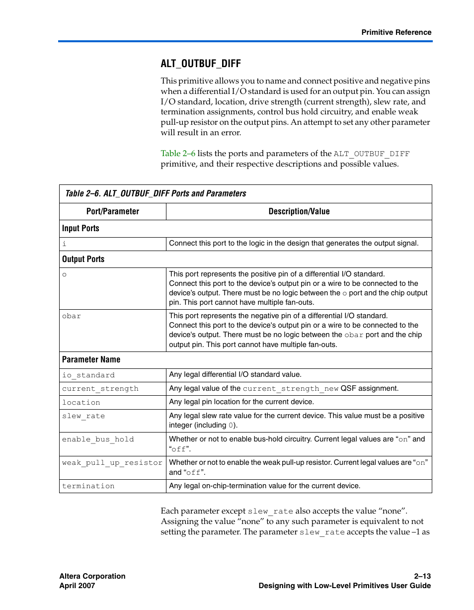 Alt_outbuf_diff | Altera Designing With Low-Level Primitives User Manual | Page 35 / 56