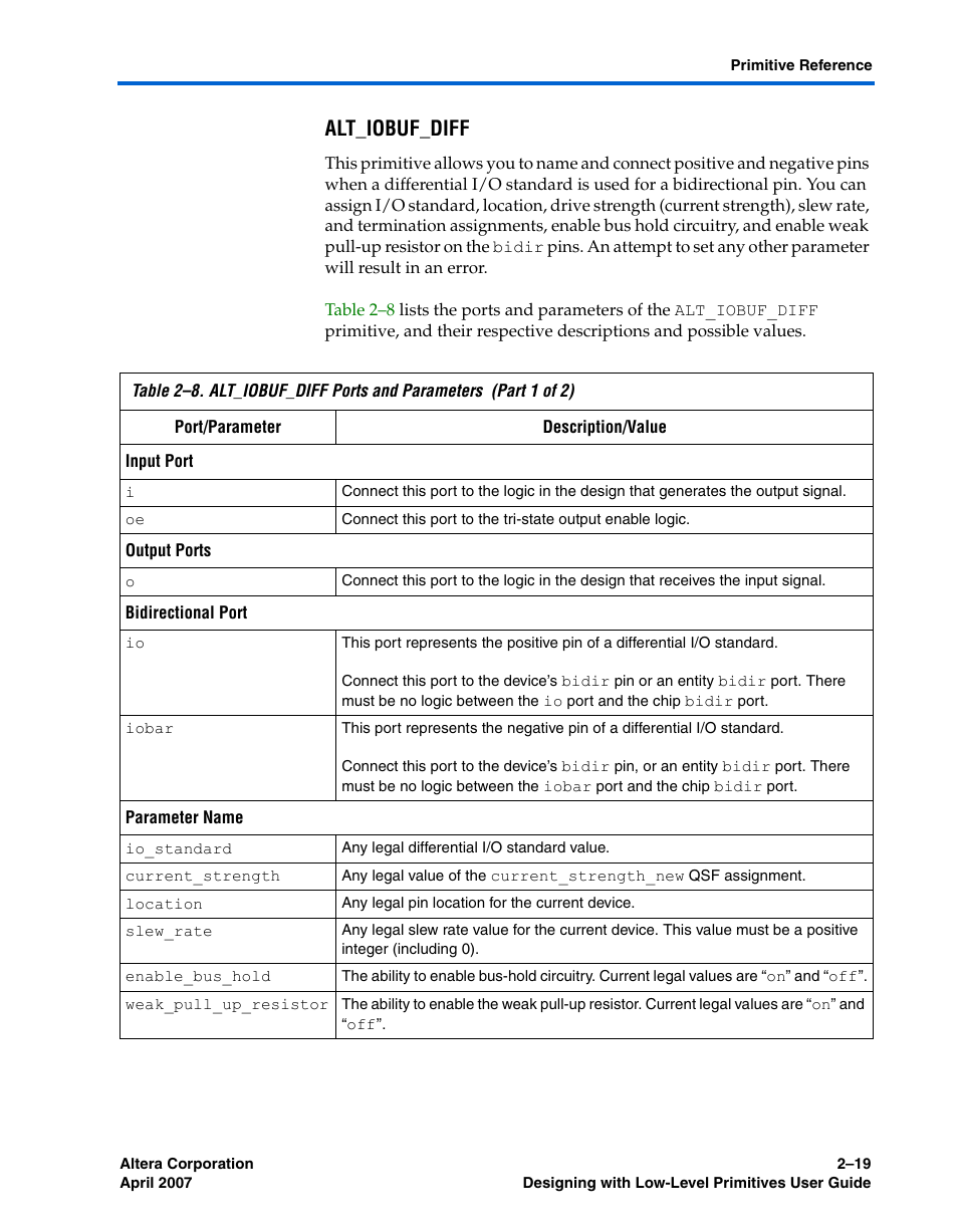 Alt_iobuf_diff | Altera Designing With Low-Level Primitives User Manual | Page 41 / 56