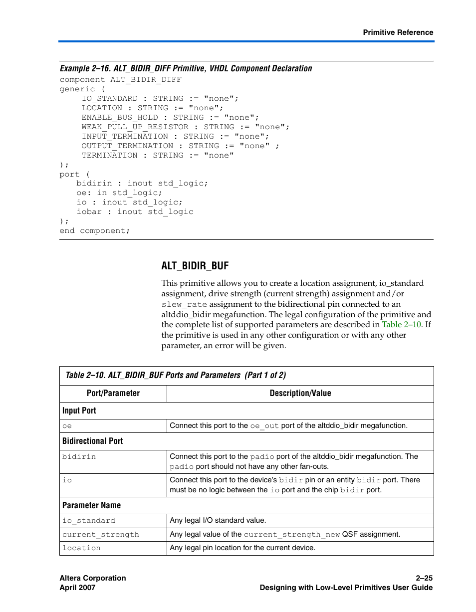 Alt_bidir_buf, Instantiation, and, Example 2–16 | Altera Designing With Low-Level Primitives User Manual | Page 47 / 56