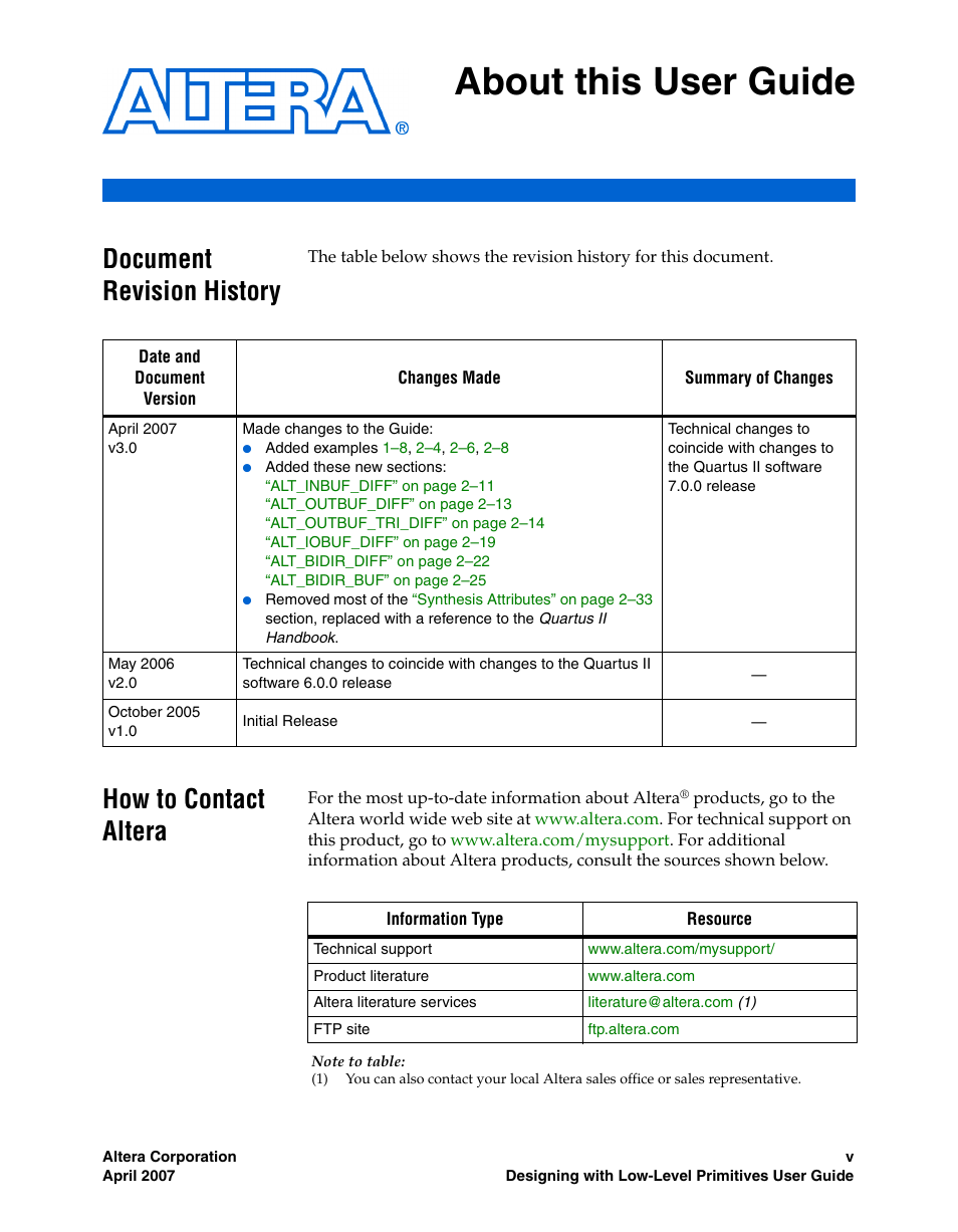 About this user guide, Document revision history, How to contact altera | Altera Designing With Low-Level Primitives User Manual | Page 5 / 56
