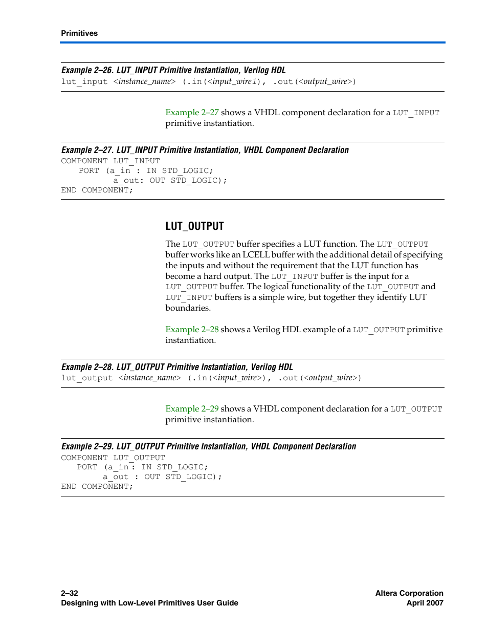 Lut_output, Example 2–26 | Altera Designing With Low-Level Primitives User Manual | Page 54 / 56