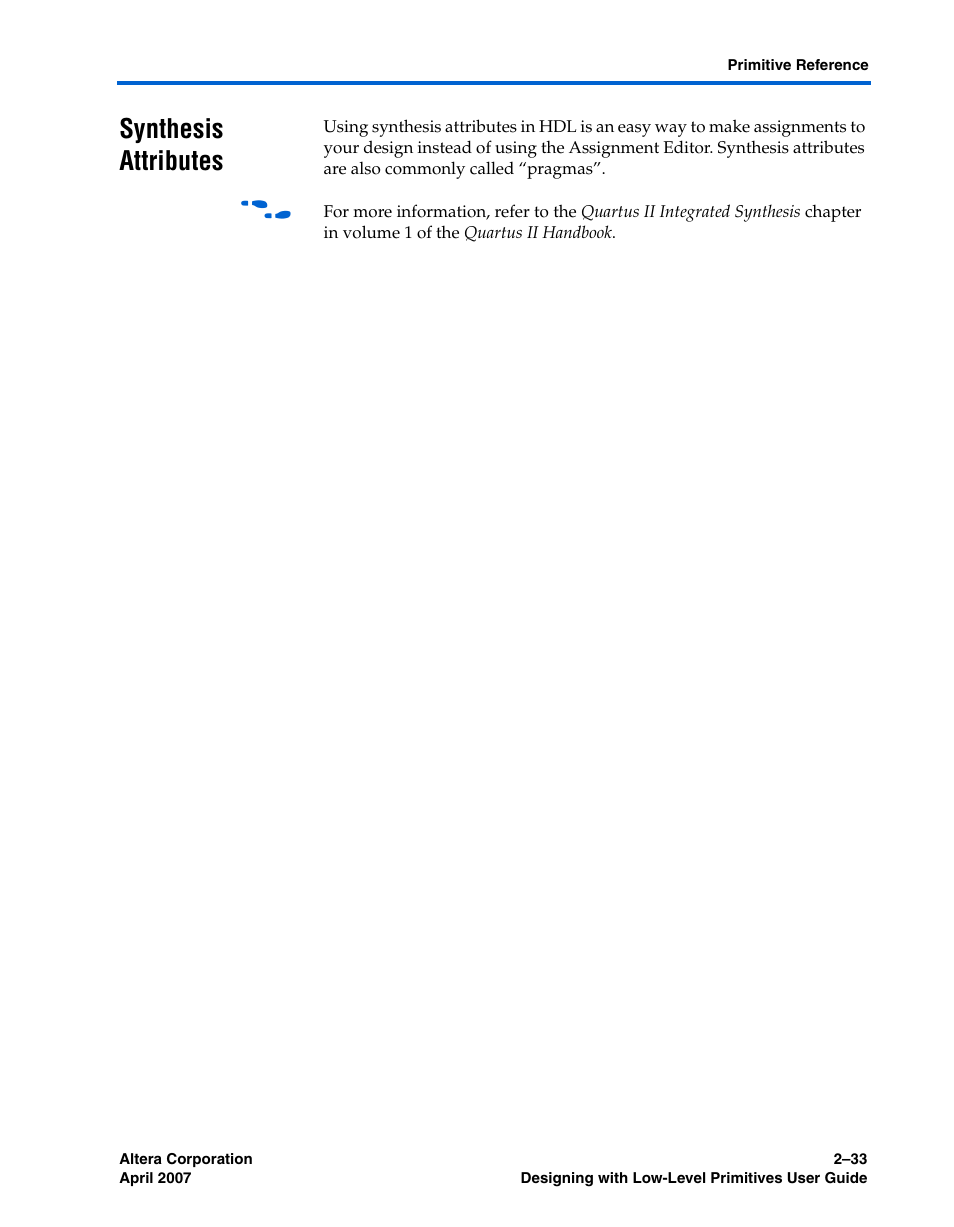 Synthesis attributes, Synthesis attributes –33, Synthesis attributes” on | Altera Designing With Low-Level Primitives User Manual | Page 55 / 56