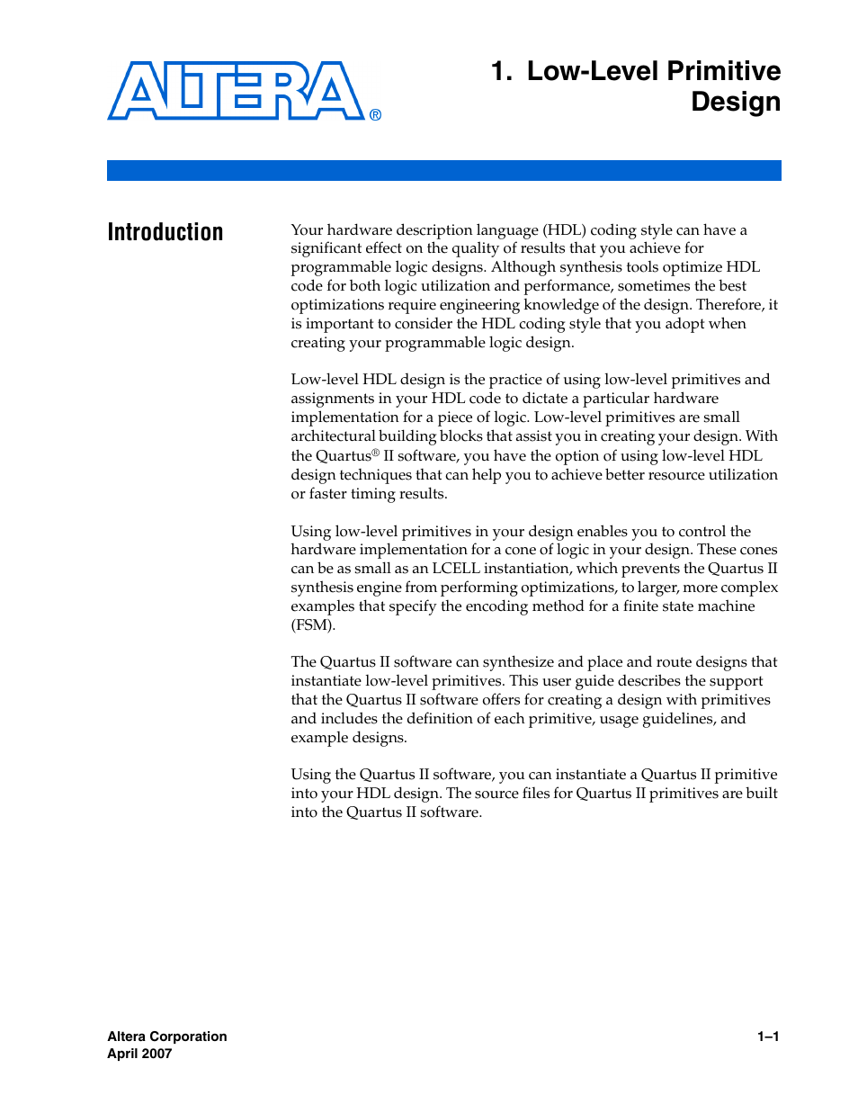Low-level primitive design, Introduction, Chapter 1. low-level primitive design | Introduction –1 | Altera Designing With Low-Level Primitives User Manual | Page 7 / 56
