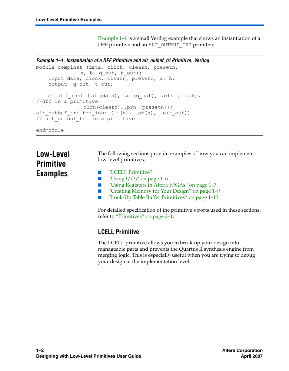 Low-level primitive examples, Lcell primitive, Low-level primitive examples –2 | Altera Designing With Low-Level Primitives User Manual | Page 8 / 56
