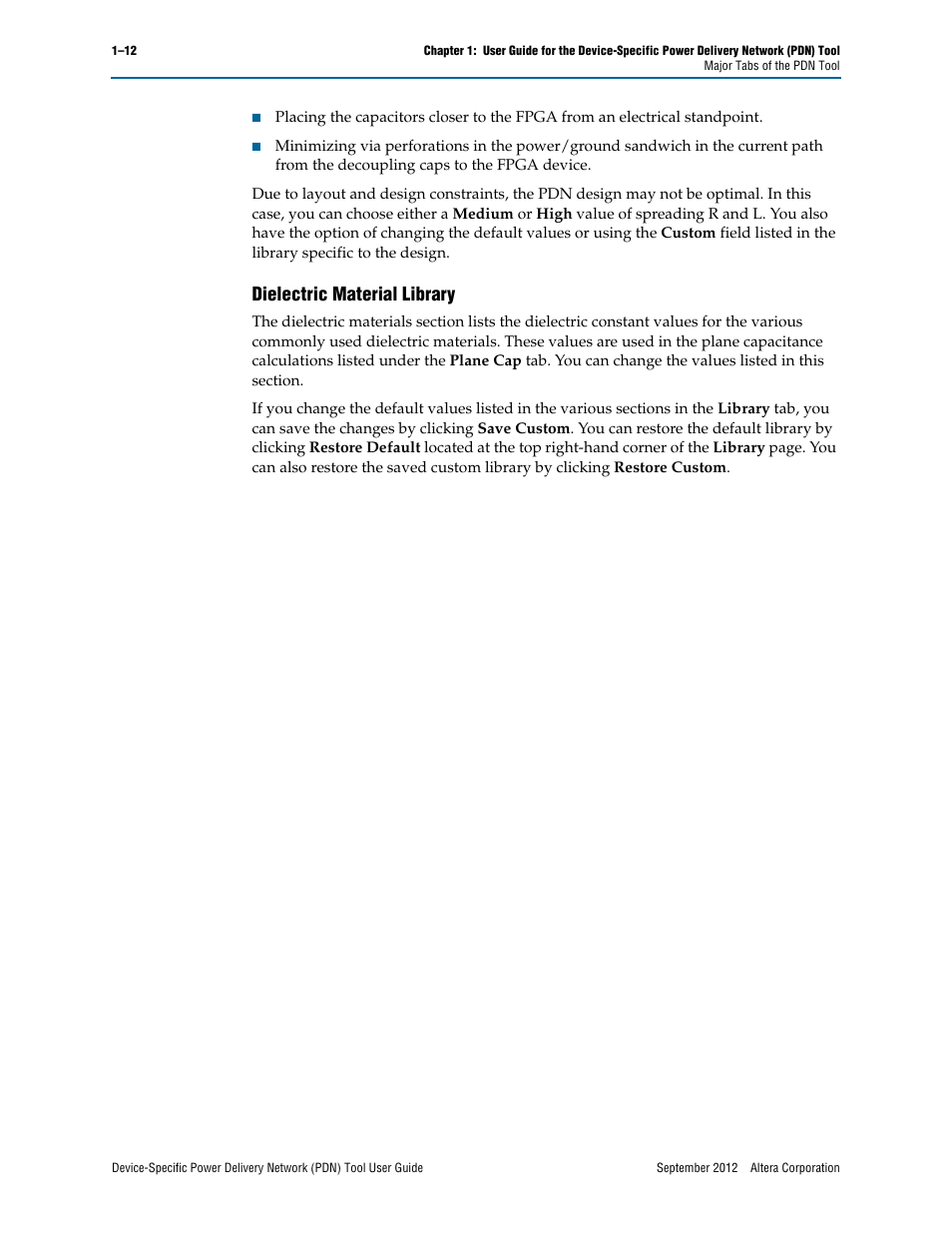 Dielectric material library, Dielectric material library –12 | Altera Device-Specific Power Delivery Network User Manual | Page 16 / 32