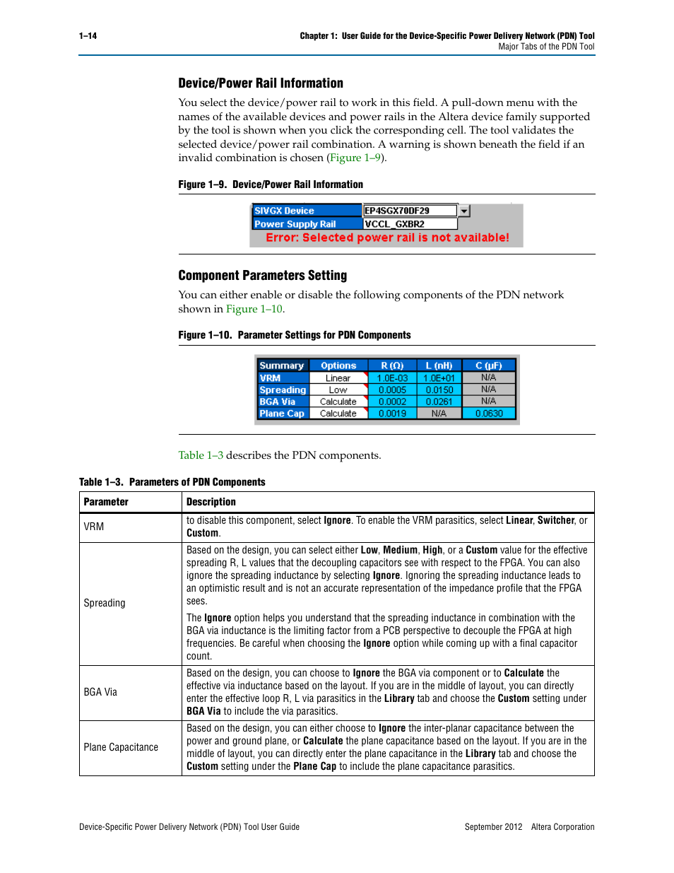 Device/power rail information, Component parameters setting | Altera Device-Specific Power Delivery Network User Manual | Page 18 / 32