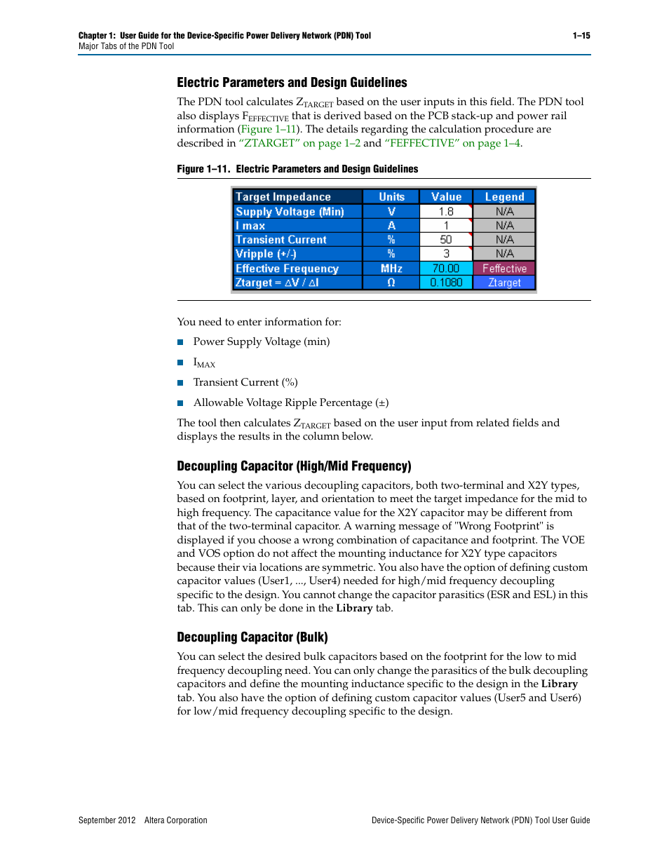 Electric parameters and design guidelines, Decoupling capacitor (high/mid frequency), Decoupling capacitor (bulk) | Altera Device-Specific Power Delivery Network User Manual | Page 19 / 32