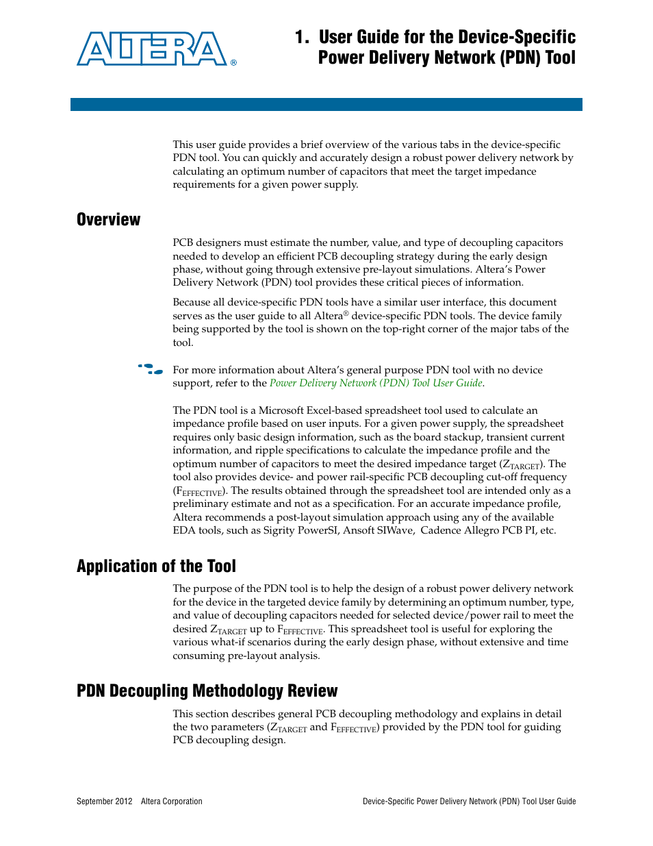 Overview, Application of the tool, Pdn decoupling methodology review | Altera Device-Specific Power Delivery Network User Manual | Page 5 / 32