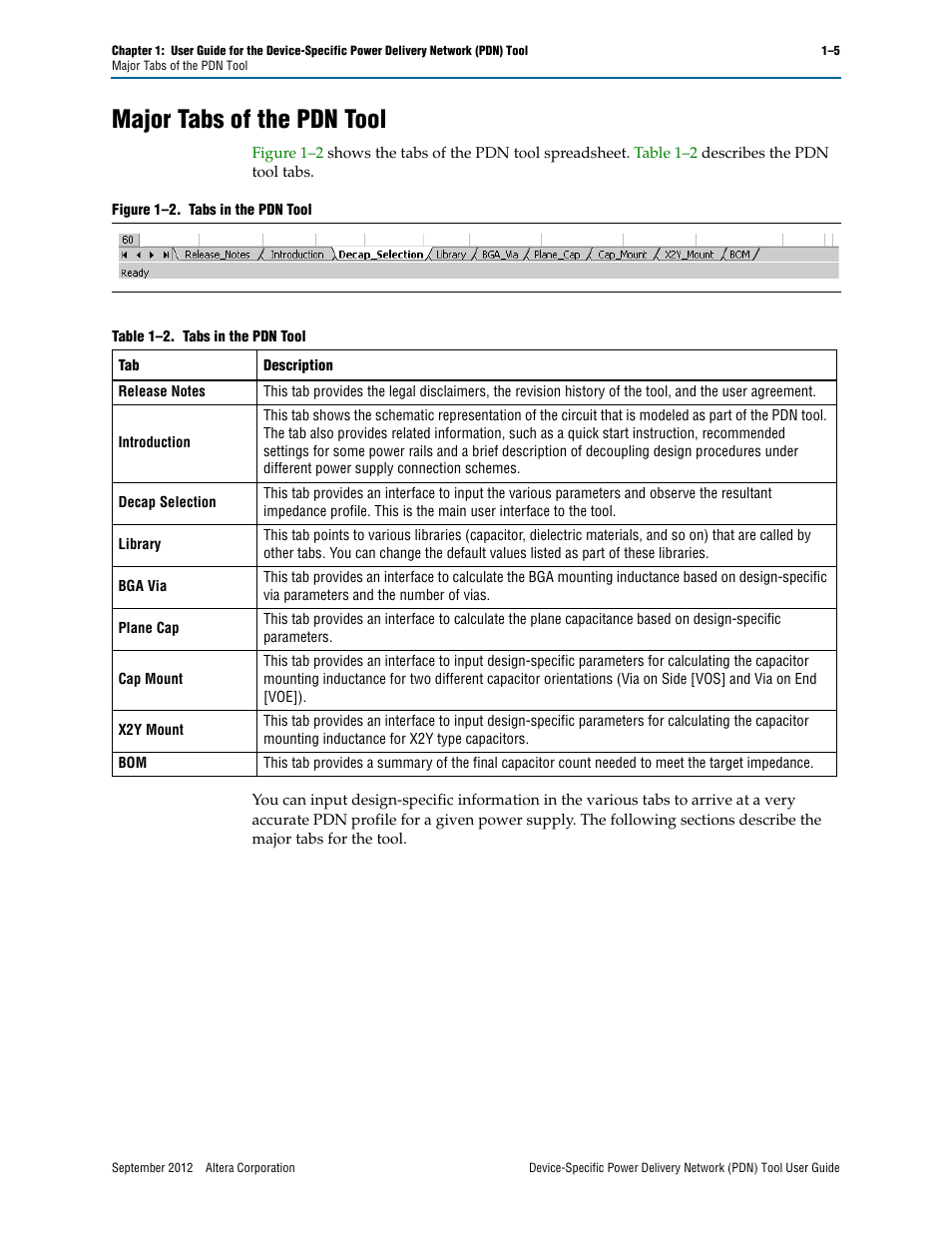 Major tabs of the pdn tool, Major tabs of the pdn tool –5 | Altera Device-Specific Power Delivery Network User Manual | Page 9 / 32