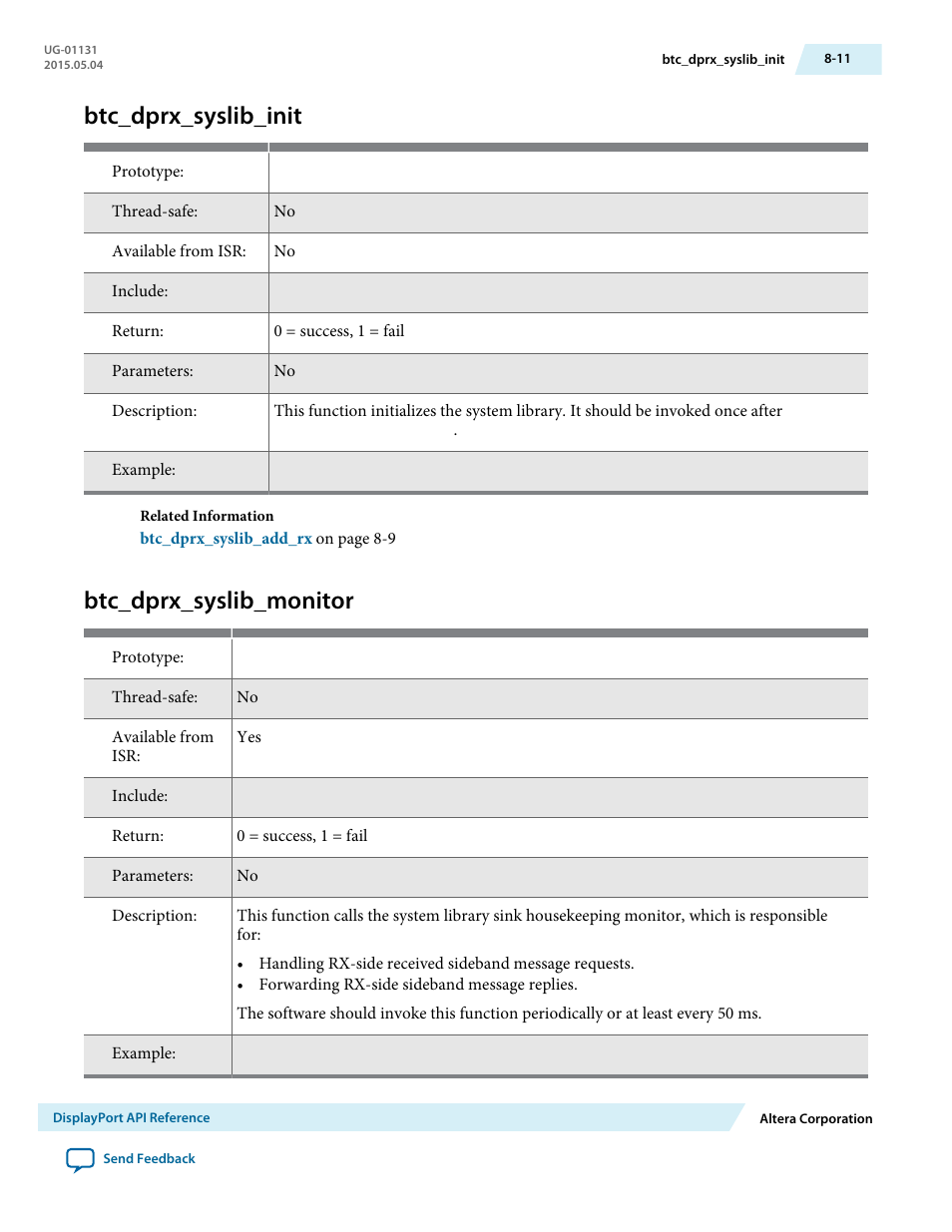 Btc_dprx_syslib_init, Btc_dprx_syslib_monitor, Btc_dprx_syslib_init -11 | Btc_dprx_syslib_monitor -11 | Altera DisplayPort MegaCore Function User Manual | Page 112 / 195