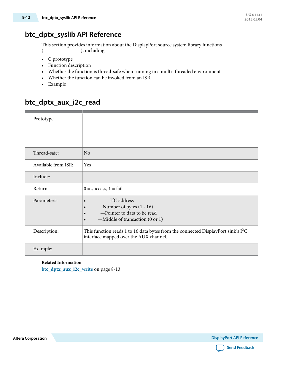 Btc_dptx_syslib api reference, Btc_dptx_aux_i2c_read, Btc_dptx_syslib api reference -12 | Btc_dptx_aux_i2c_read -12 | Altera DisplayPort MegaCore Function User Manual | Page 113 / 195