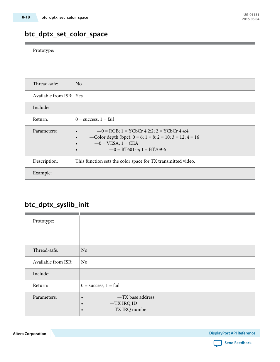 Btc_dptx_set_color_space, Btc_dptx_syslib_init, Btc_dptx_set_color_space -18 | Btc_dptx_syslib_init -18 | Altera DisplayPort MegaCore Function User Manual | Page 119 / 195