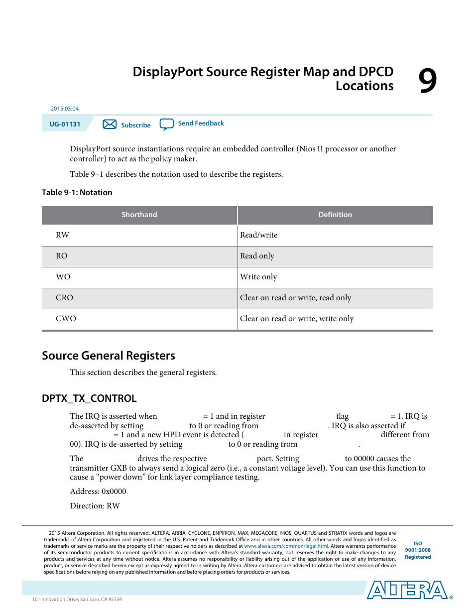 Displayport source register map and dpcd locations, Source general registers, Dptx_tx_control | Source general registers -1, Dptx_tx_control -1 | Altera DisplayPort MegaCore Function User Manual | Page 122 / 195