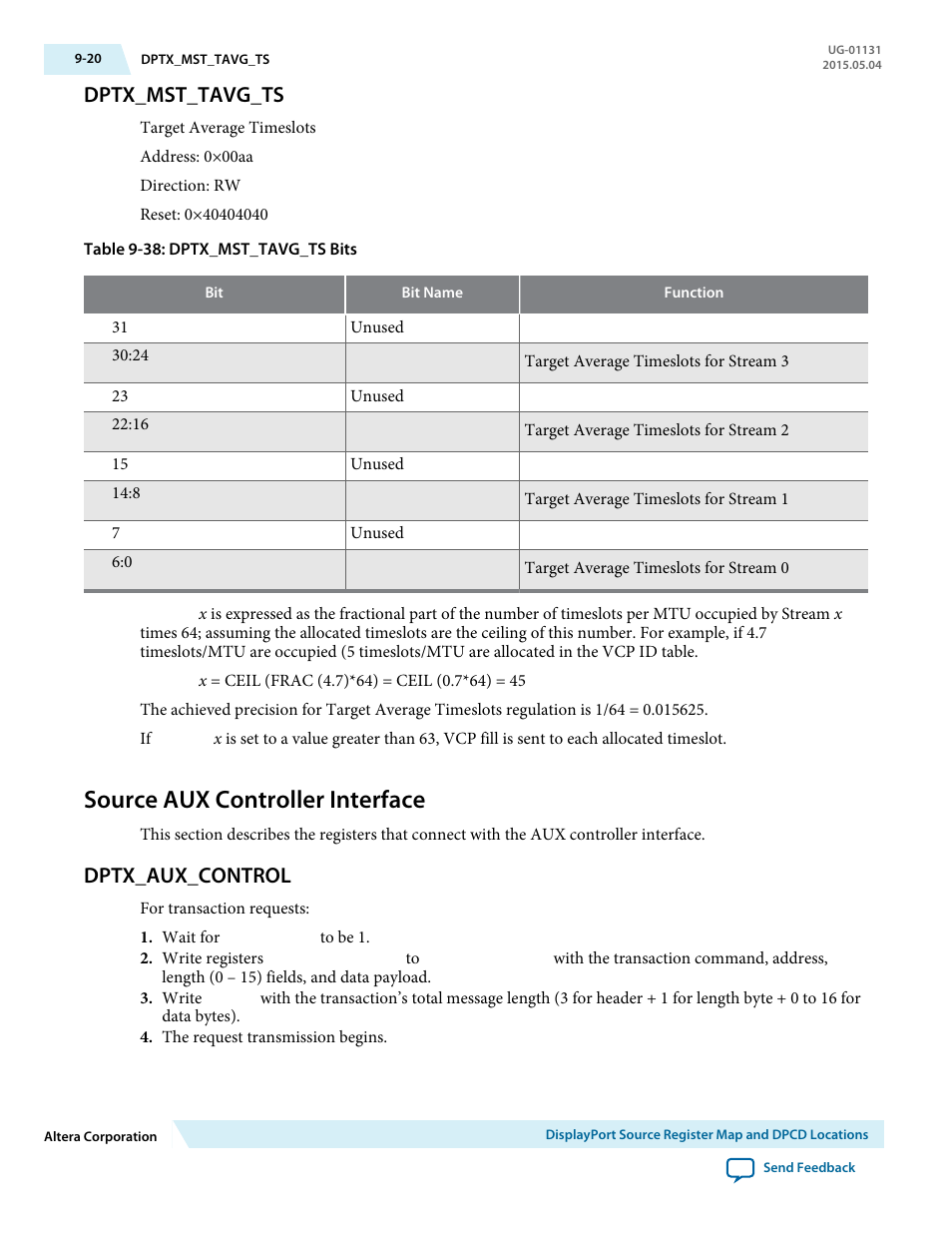 Dptx_mst_tavg_ts, Source aux controller interface, Dptx_aux_control | Dptx_mst_tavg_ts -20, Source aux controller interface -20, Dptx_aux_control -20 | Altera DisplayPort MegaCore Function User Manual | Page 141 / 195