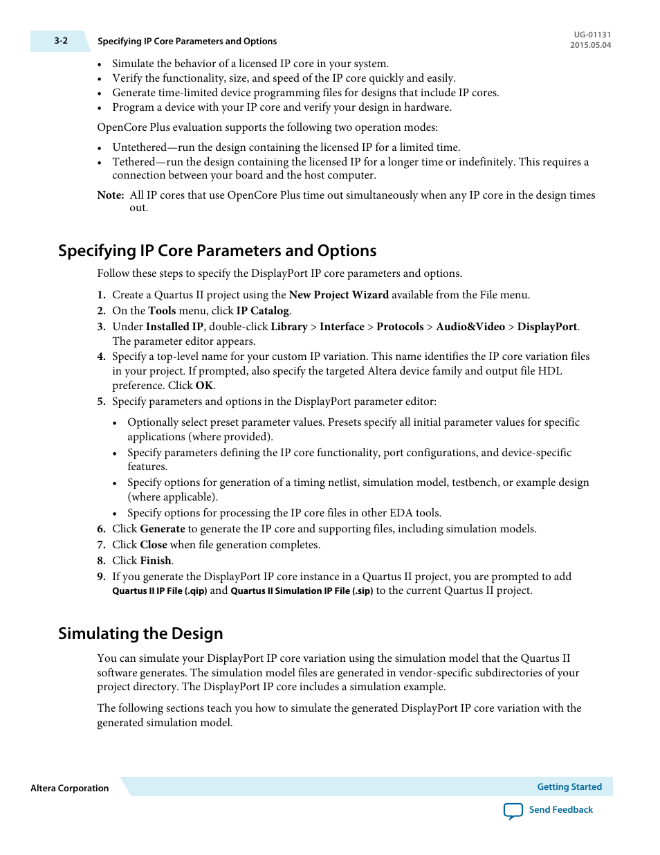 Specifying ip core parameters and options, Simulating the design, Specifying ip core parameters and options -2 | Simulating the design -2 | Altera DisplayPort MegaCore Function User Manual | Page 15 / 195