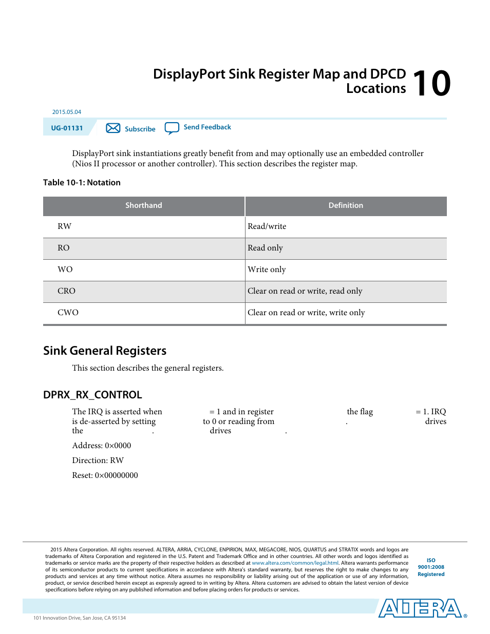 Displayport sink register map and dpcd locations, Sink general registers, Dprx_rx_control | Sink general registers -1, Dprx_rx_control -1 | Altera DisplayPort MegaCore Function User Manual | Page 152 / 195