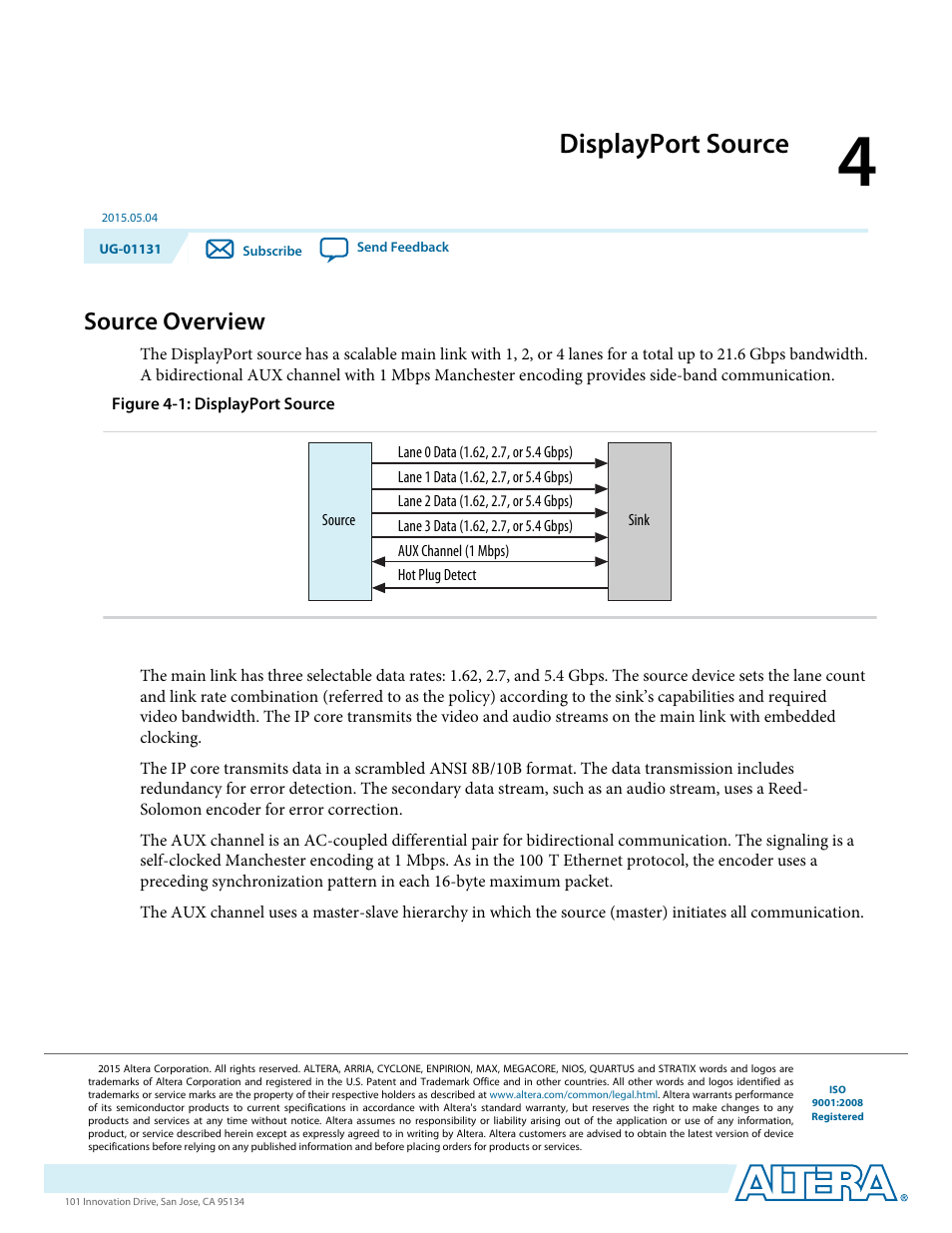 Displayport source, Source overview, Displayport source -1 | Source overview -1 | Altera DisplayPort MegaCore Function User Manual | Page 17 / 195