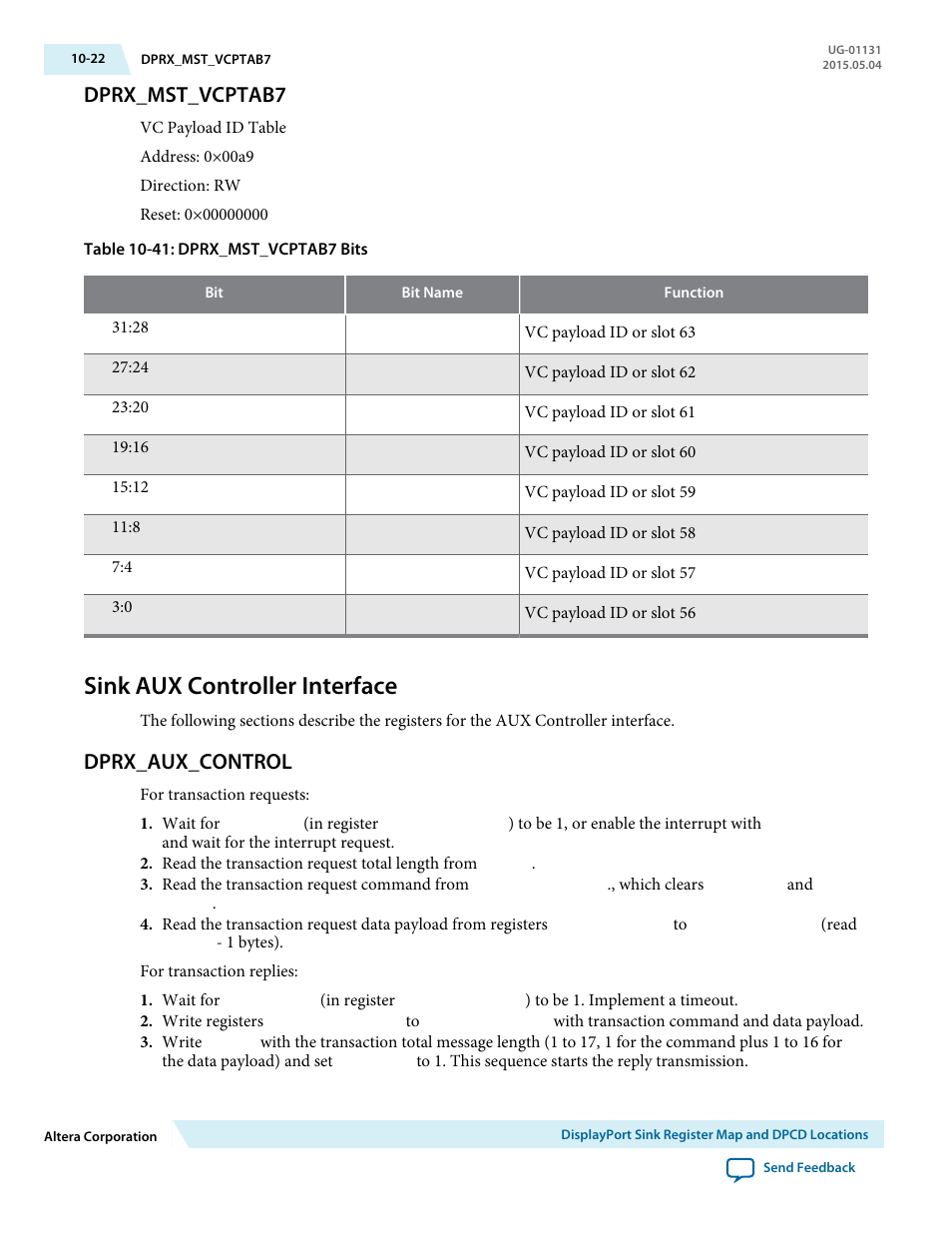 Dprx_mst_vcptab7, Sink aux controller interface, Dprx_aux_control | Dprx_mst_vcptab7 -22, Sink aux controller interface -22, Dprx_aux_control -22 | Altera DisplayPort MegaCore Function User Manual | Page 173 / 195