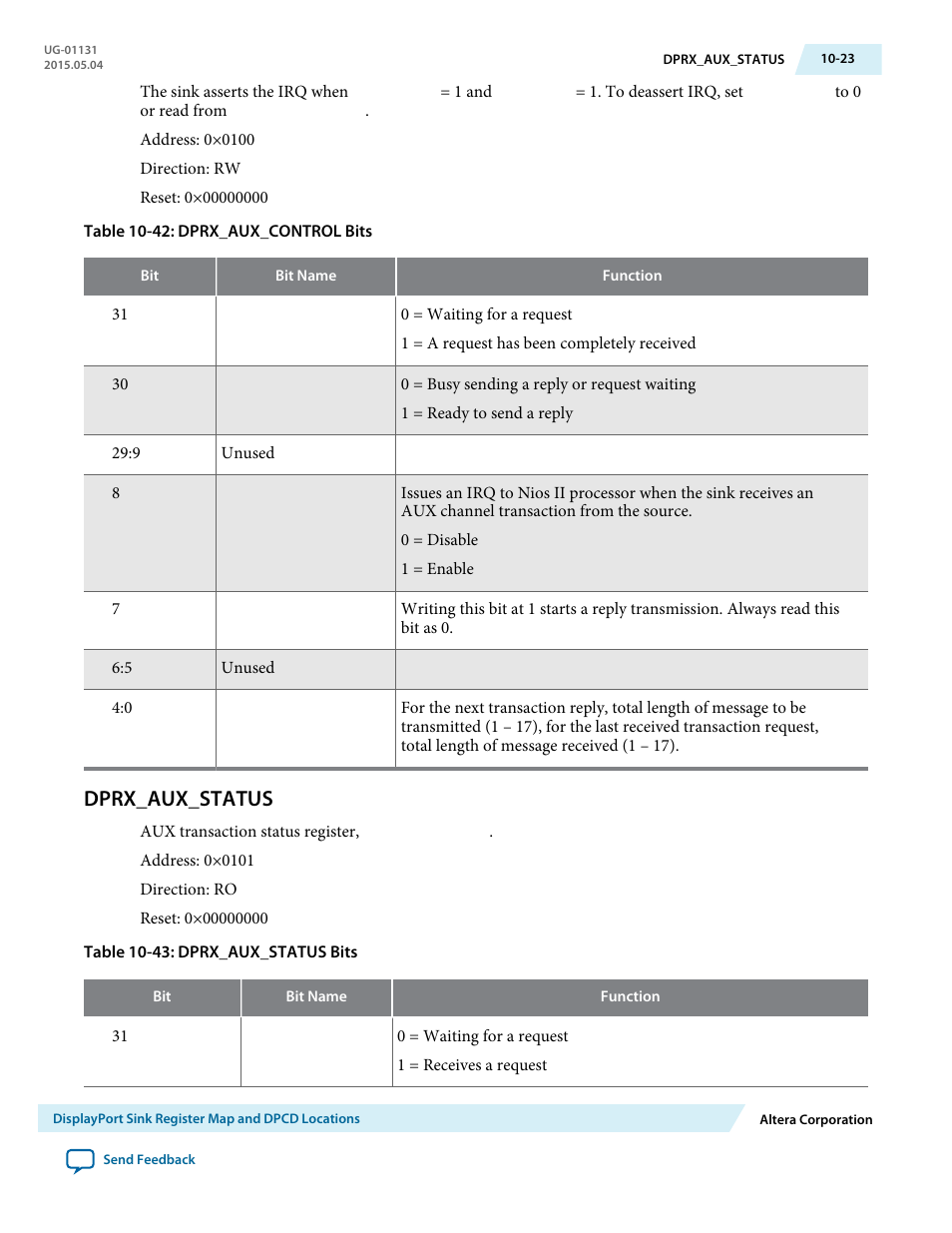 Dprx_aux_status, Dprx_aux_status -23 | Altera DisplayPort MegaCore Function User Manual | Page 174 / 195