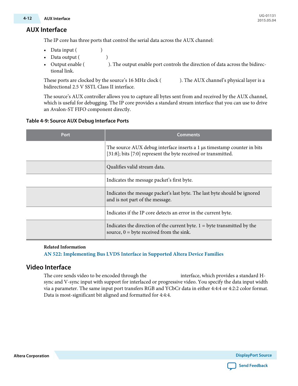 Aux interface, Video interface, Aux interface -12 | Video interface -12 | Altera DisplayPort MegaCore Function User Manual | Page 28 / 195
