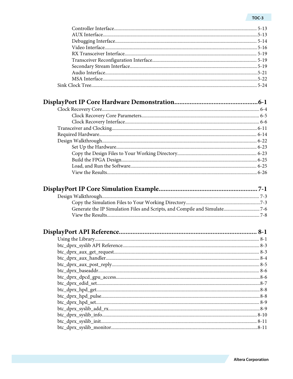 Displayport ip core hardware demonstration -1, Displayport ip core simulation example -1, Displayport api reference -1 | Altera DisplayPort MegaCore Function User Manual | Page 3 / 195