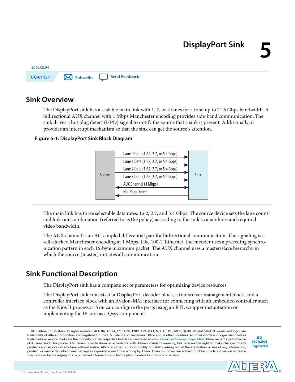 Displayport sink, Sink overview, Sink functional description | Displayport sink -1, Sink overview -1, Sink functional description -1 | Altera DisplayPort MegaCore Function User Manual | Page 37 / 195