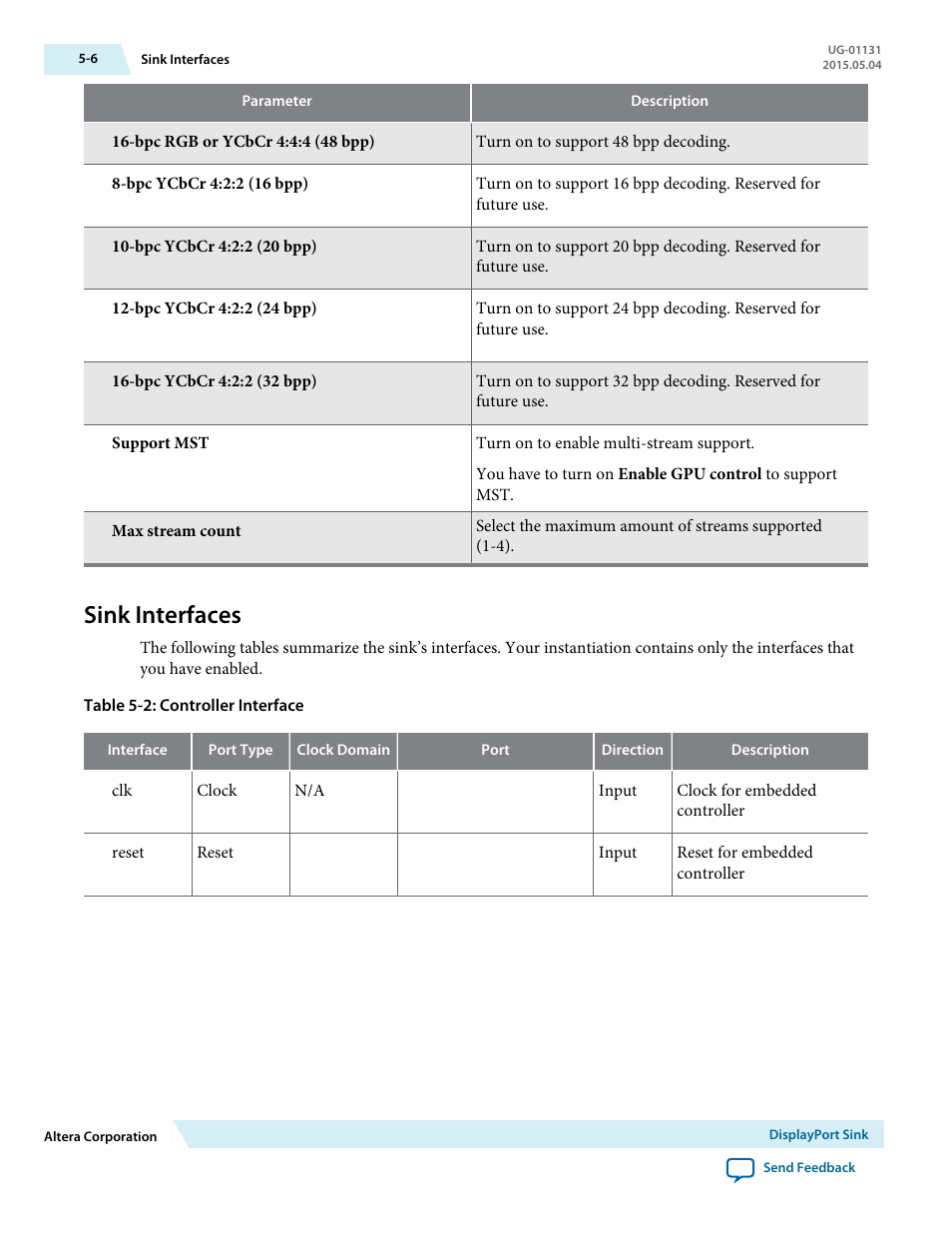 Sink interfaces, Sink interfaces -6 | Altera DisplayPort MegaCore Function User Manual | Page 42 / 195