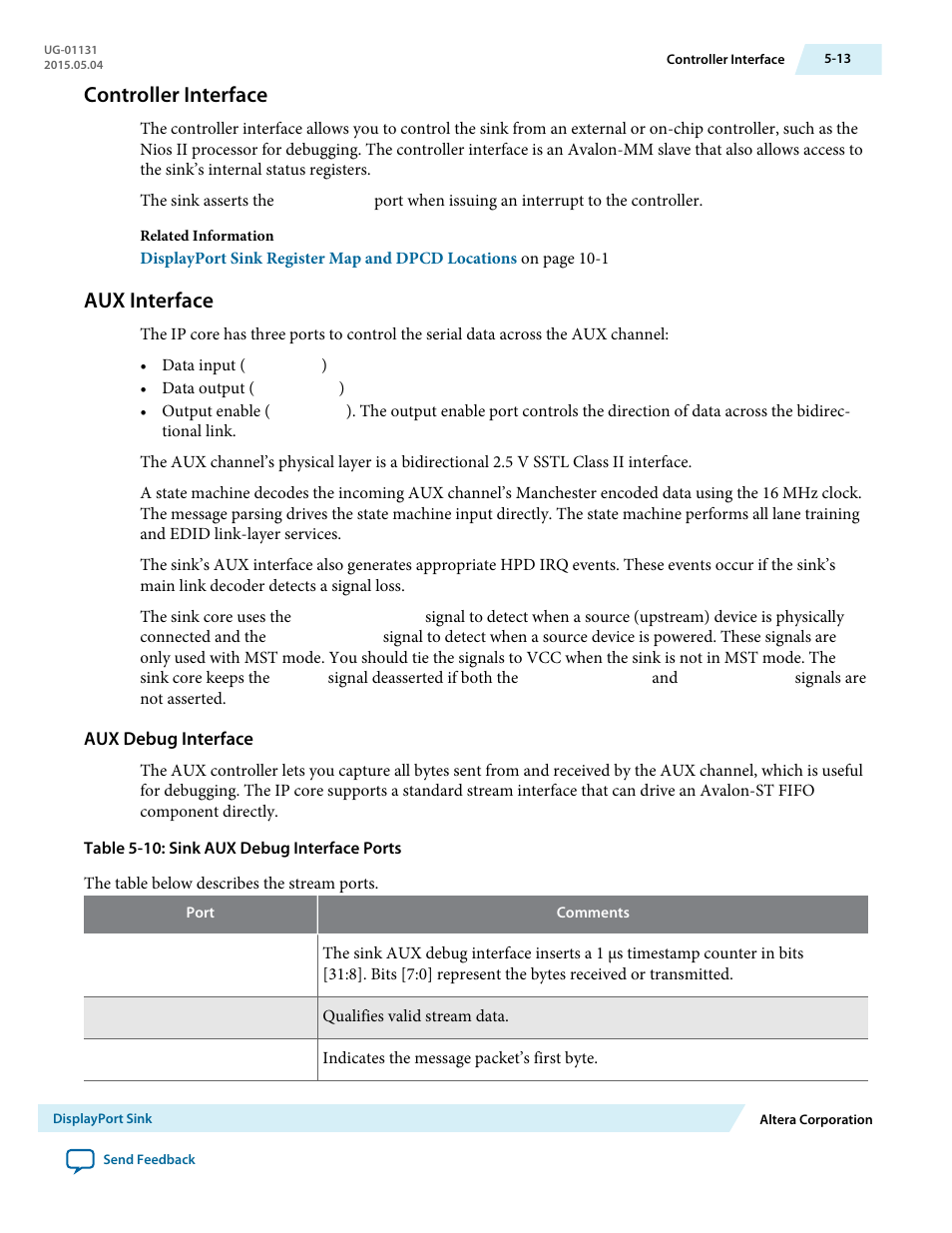 Controller interface, Aux interface, Aux debug interface | Controller interface -13, Aux interface -13 | Altera DisplayPort MegaCore Function User Manual | Page 49 / 195