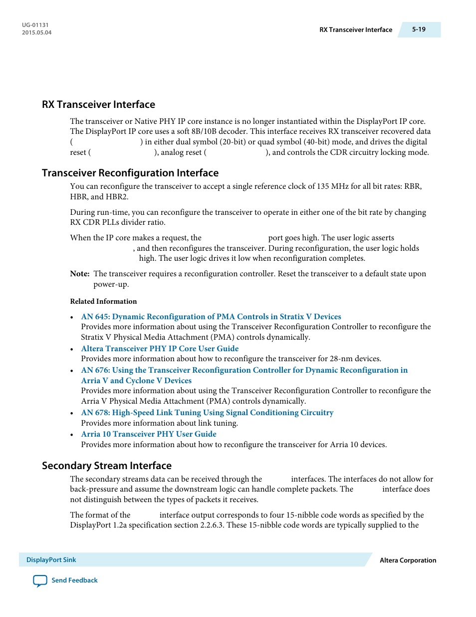 Rx transceiver interface, Transceiver reconfiguration interface, Secondary stream interface | Rx transceiver interface -19, Transceiver reconfiguration interface -19, Secondary stream interface -19 | Altera DisplayPort MegaCore Function User Manual | Page 55 / 195