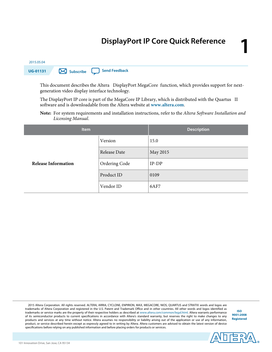 Displayport ip core quick reference, Displayport ip core quick reference -1 | Altera DisplayPort MegaCore Function User Manual | Page 8 / 195