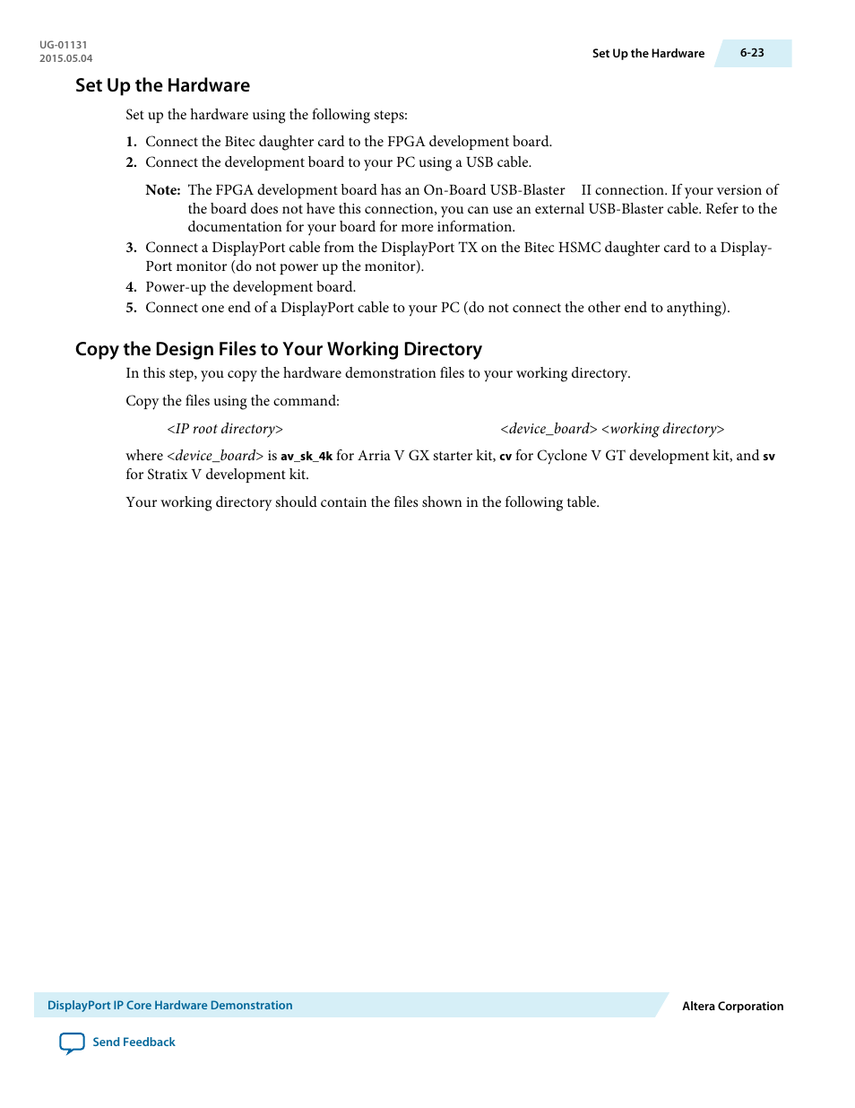 Set up the hardware, Copy the design files to your working directory, Set up the hardware -23 | Altera DisplayPort MegaCore Function User Manual | Page 84 / 195