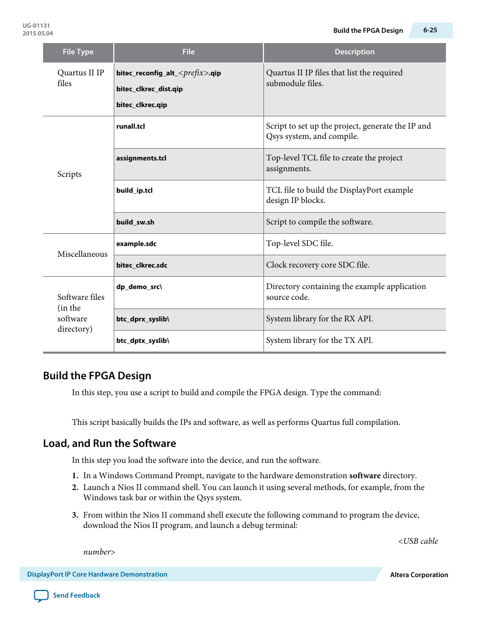 Build the fpga design, Load, and run the software, Build the fpga design -25 | Load, and run the software -25 | Altera DisplayPort MegaCore Function User Manual | Page 86 / 195