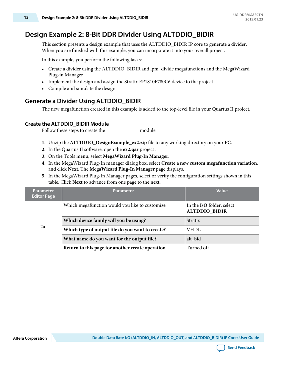 Generate a divider using altddio_bidir, Create the altddio_bidir module | Altera Double Data Rate I/O User Manual | Page 12 / 22