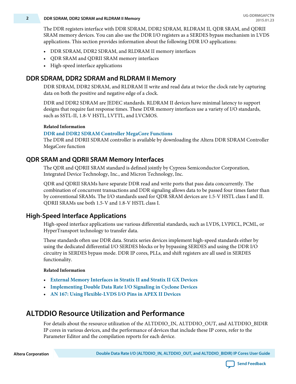 Ddr sdram, ddr2 sdram and rldram ii memory, Qdr sram and qdrii sram memory interfaces, High-speed interface applications | Altddio resource utilization and performance | Altera Double Data Rate I/O User Manual | Page 2 / 22