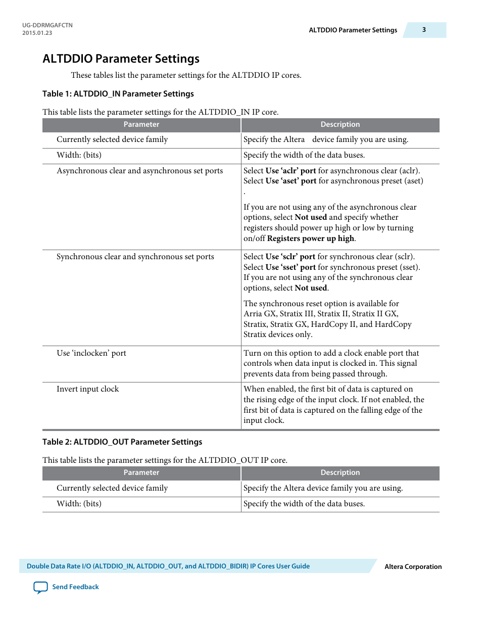Altddio parameter settings | Altera Double Data Rate I/O User Manual | Page 3 / 22