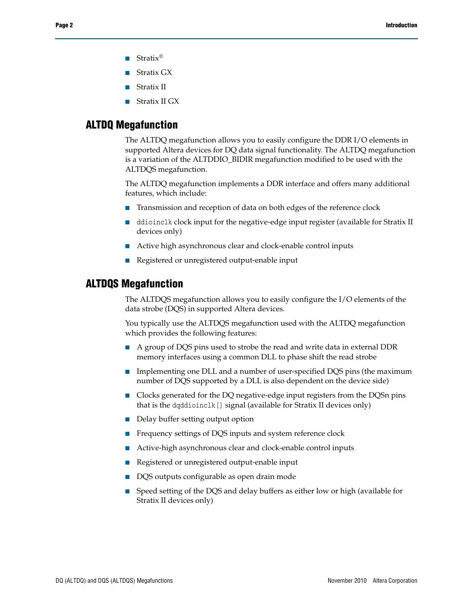 Altdq megafunction, Altdqs megafunction | Altera DQ (ALTDQ) User Manual | Page 2 / 31