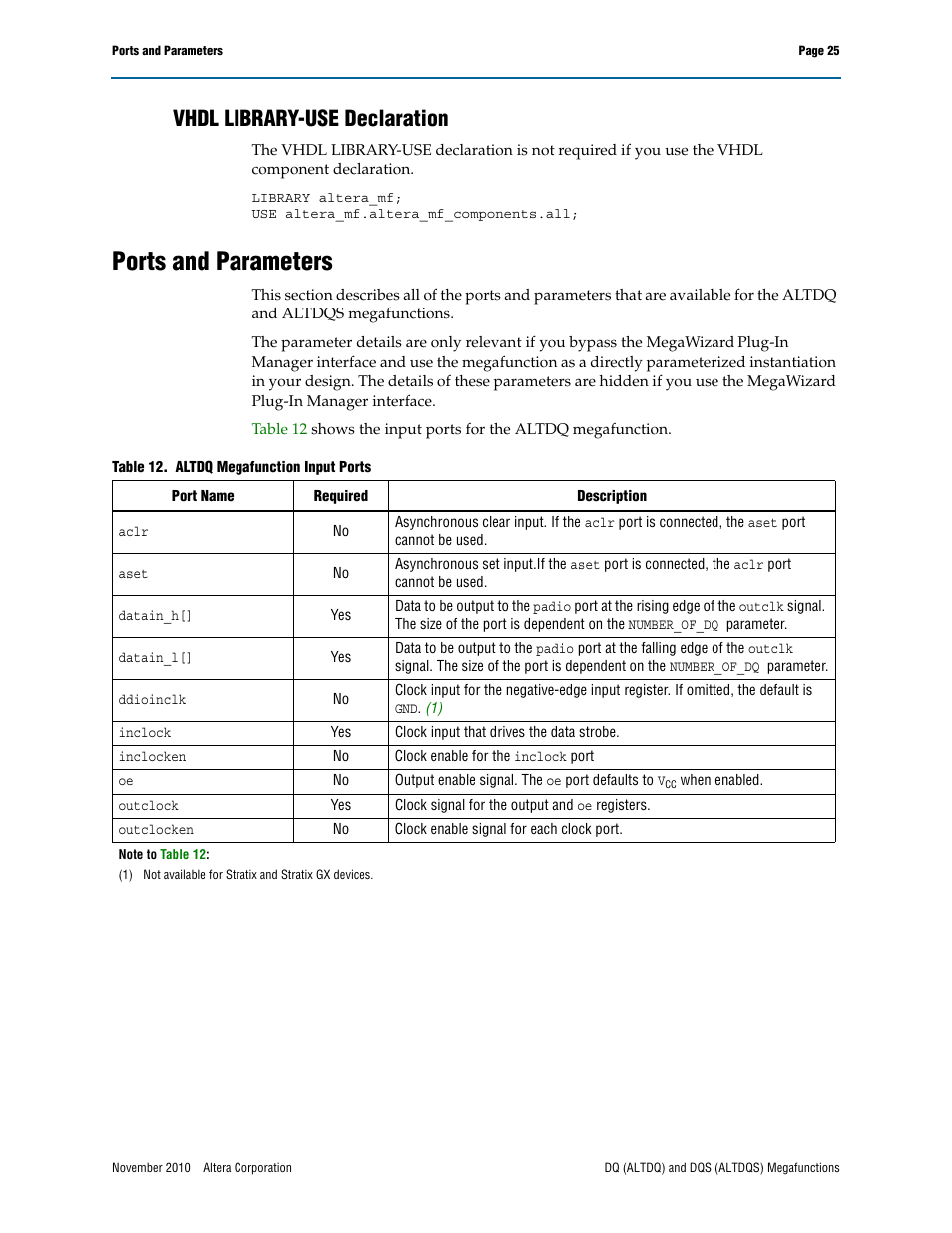 Vhdl library-use declaration, Ports and parameters | Altera DQ (ALTDQ) User Manual | Page 25 / 31