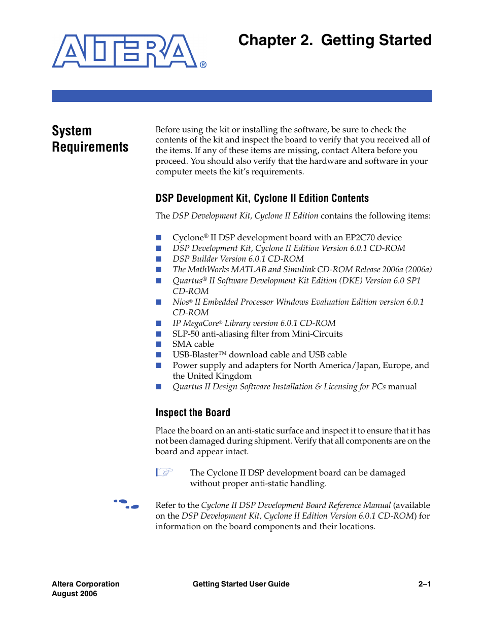 Chapter 2. getting started, System requirements, Dsp development kit, cyclone ii edition contents | Inspect the board, Inspecting the board | Altera DSP Development Kit, Cyclone II Edition Getting Started User Manual | Page 11 / 32