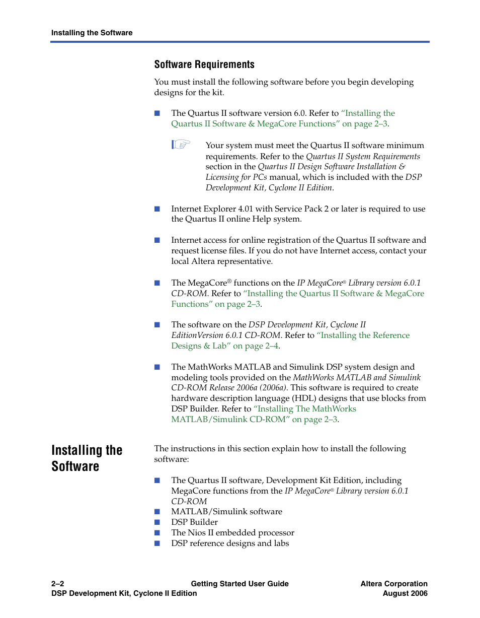 Software requirements, Installing the software, Installing the software –3 | Altera DSP Development Kit, Cyclone II Edition Getting Started User Manual | Page 12 / 32