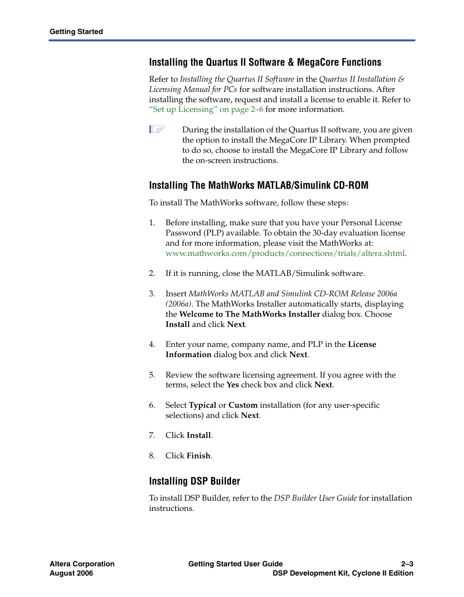 Installing the mathworks matlab/simulink cd-rom, Installing dsp builder, Installing the | R to, Installing the quartus ii software & megacore, Installing the mathworks | Altera DSP Development Kit, Cyclone II Edition Getting Started User Manual | Page 13 / 32