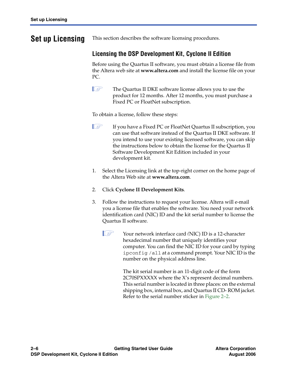 Set up licensing, Setting up licensing, Licensing the quartus ii software & dsp builder | Altera DSP Development Kit, Cyclone II Edition Getting Started User Manual | Page 16 / 32