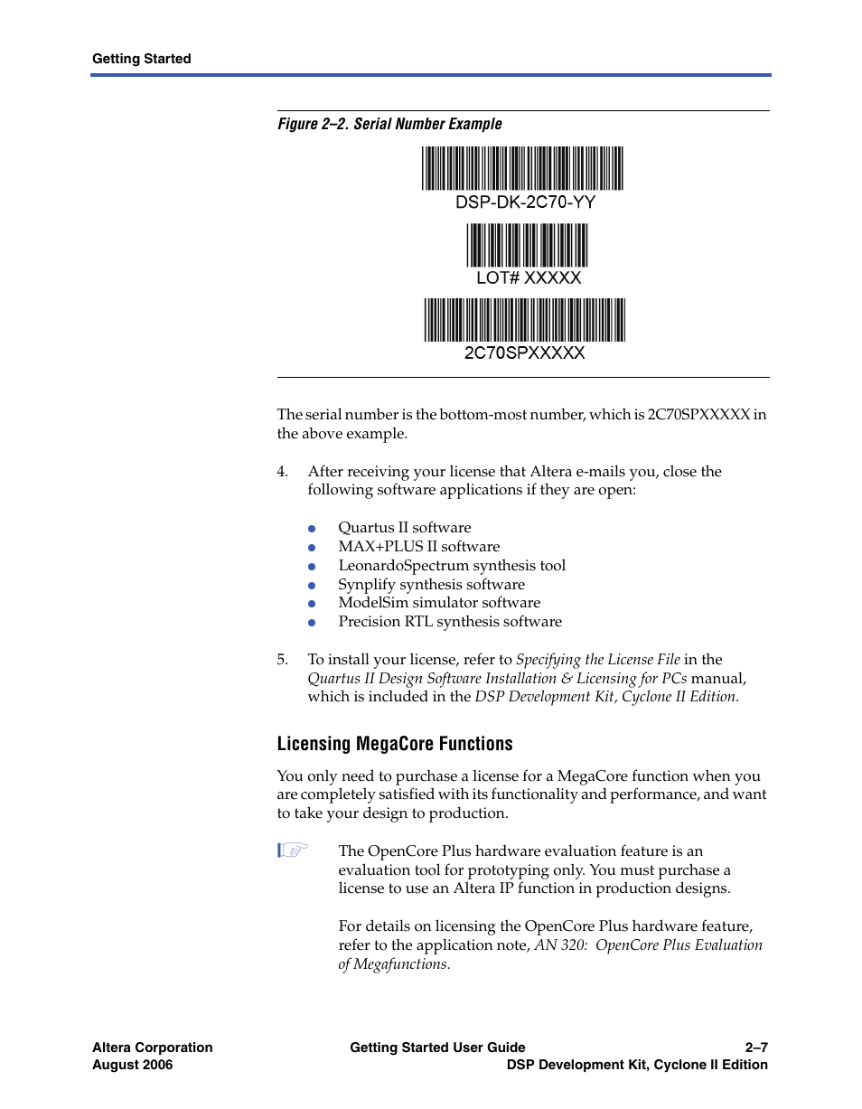 Licensing megacore functions | Altera DSP Development Kit, Cyclone II Edition Getting Started User Manual | Page 17 / 32